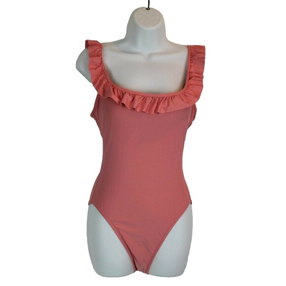 J.Crew $118 Ruffled Scoopback One-Piece Swimsuit 14 Neon Flamingo NWT H2789 - Picture 1 of 3